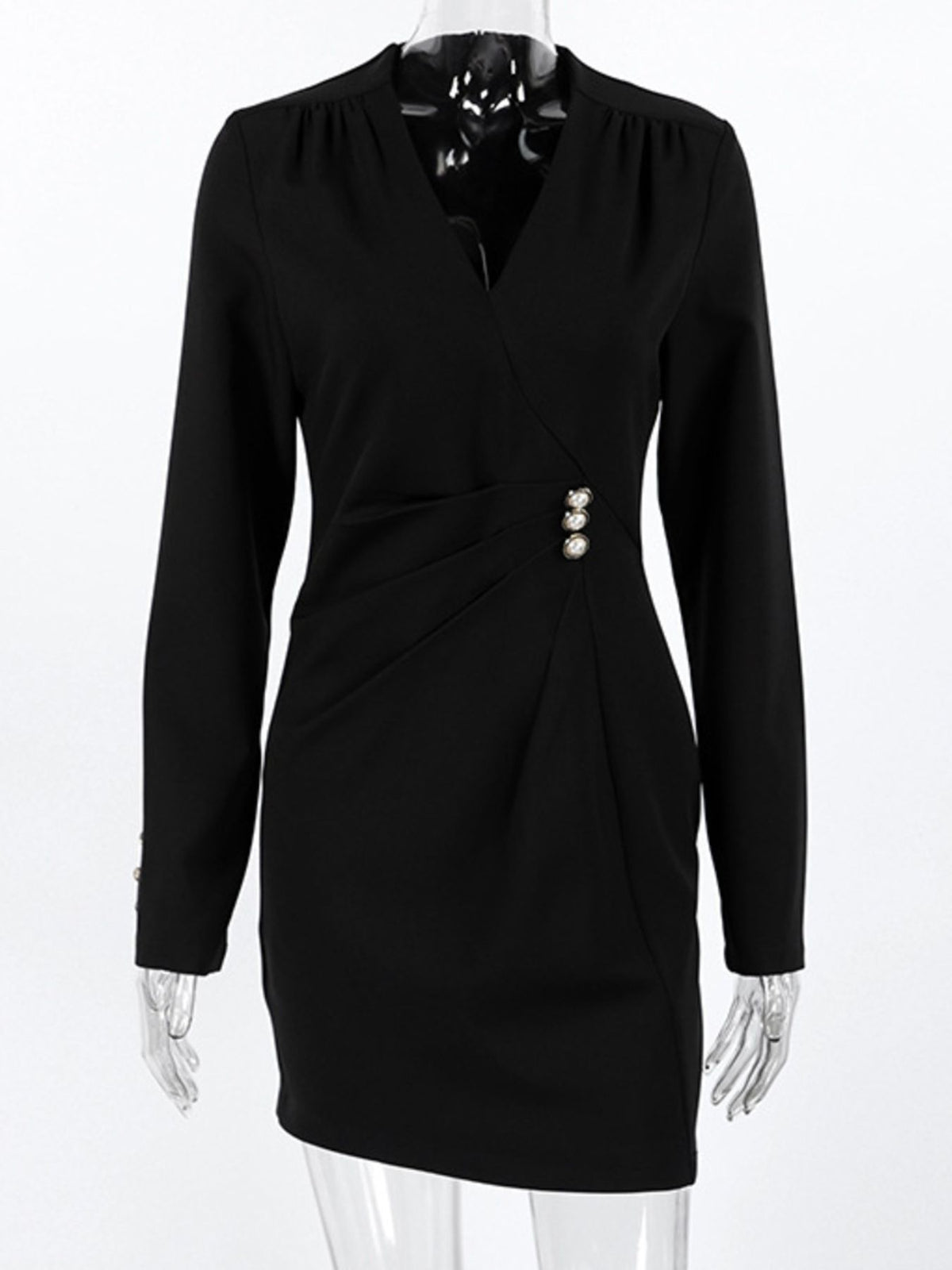 Ruched Surplice Button-Detail Mini Dress
