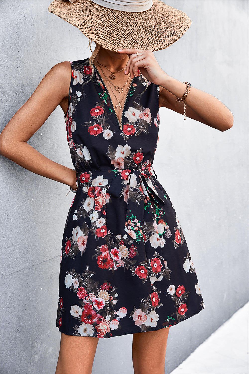 Printed Zip-Detail Belted Sleeveless Mini Dress