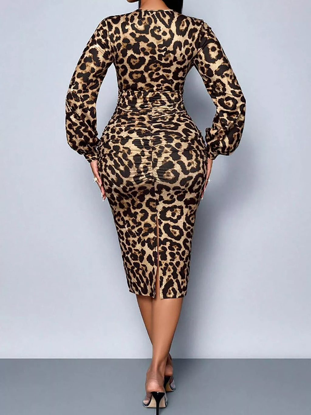 Lace-Trim V-Neck Long-Sleeve Ruched Midi Dress