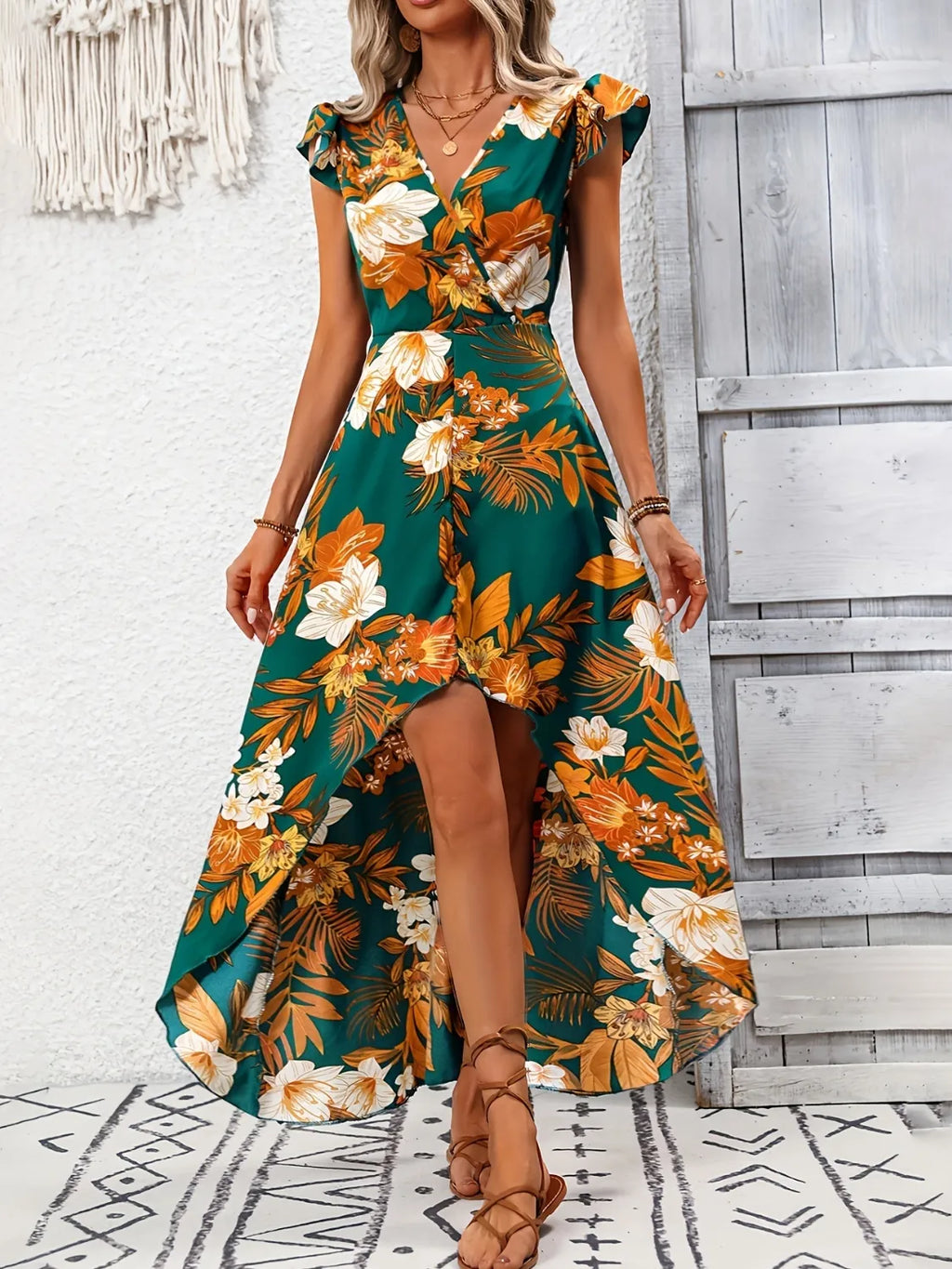 Dark Green Floral V-Neck High-Low Maxi Dress