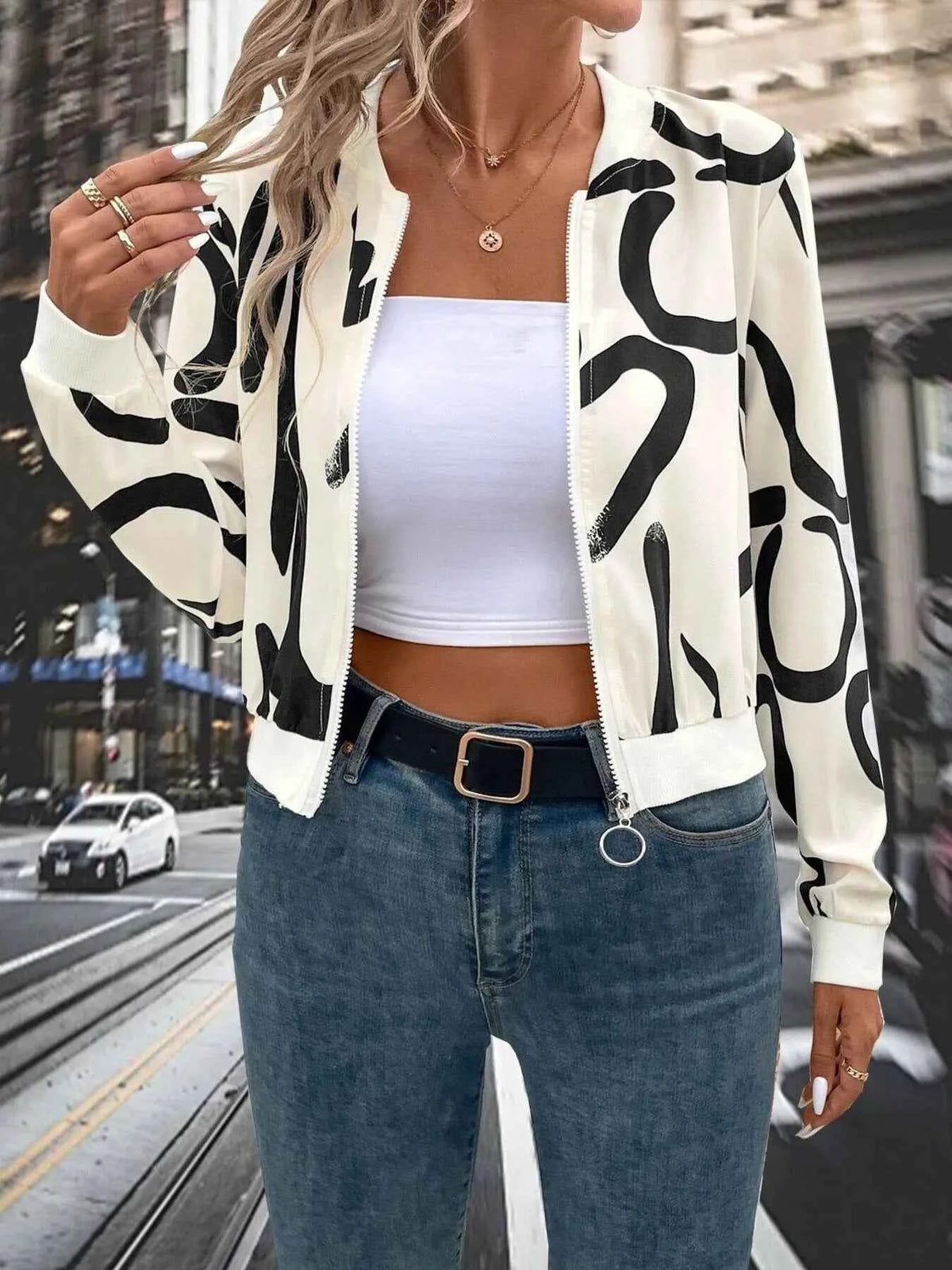 Number-Print Zip-Up Jacket