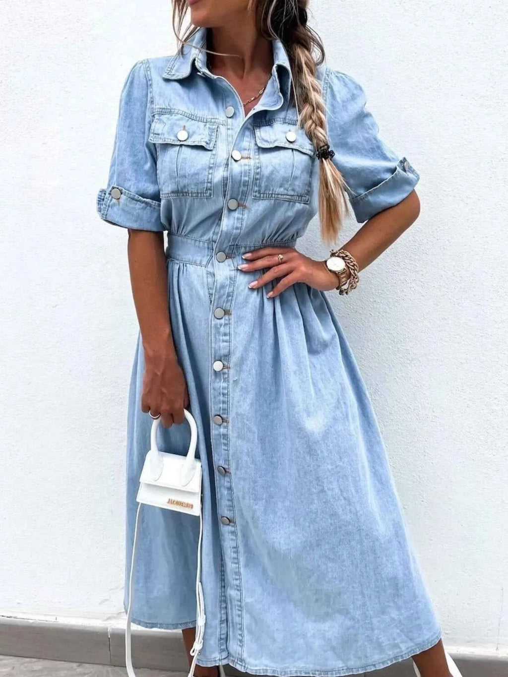 Light Blue Denim-Look Button-Down Shirt Dress
