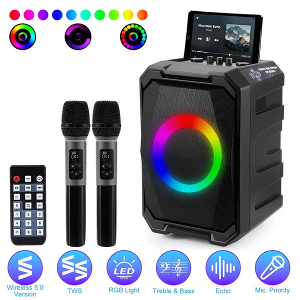 Portable Wireless Party Speaker | LED Light Show | 2 Wireless Mics | 80W Bass | Remote Control | TWS — Eliza & Tuan