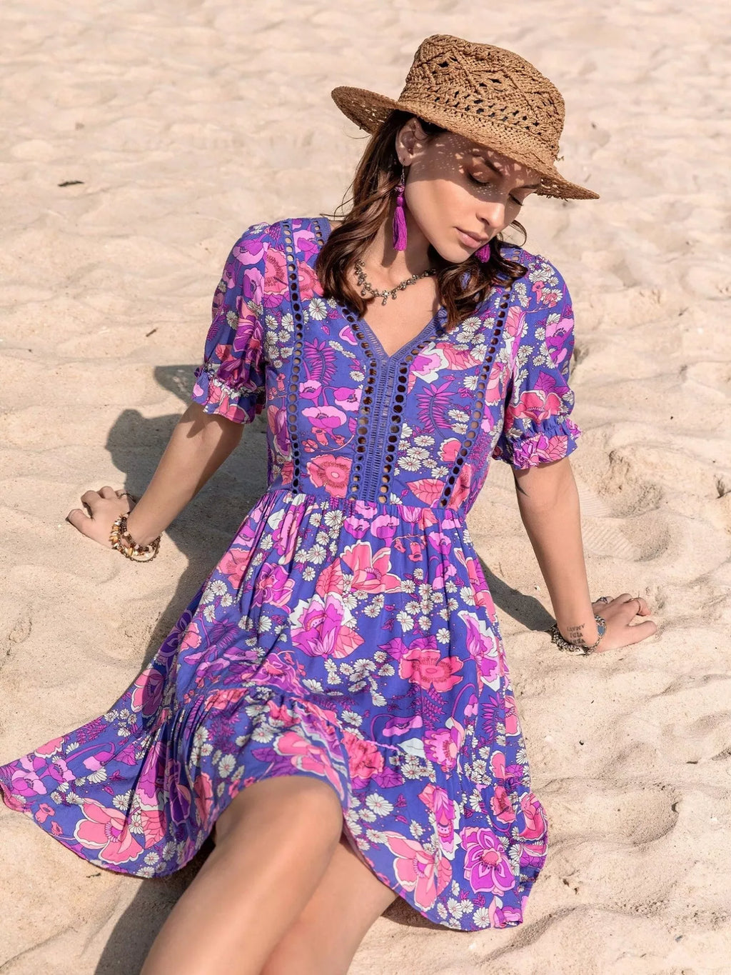 Vivid Violet Floral V-Neck Eyelet-Trim Mini Dress