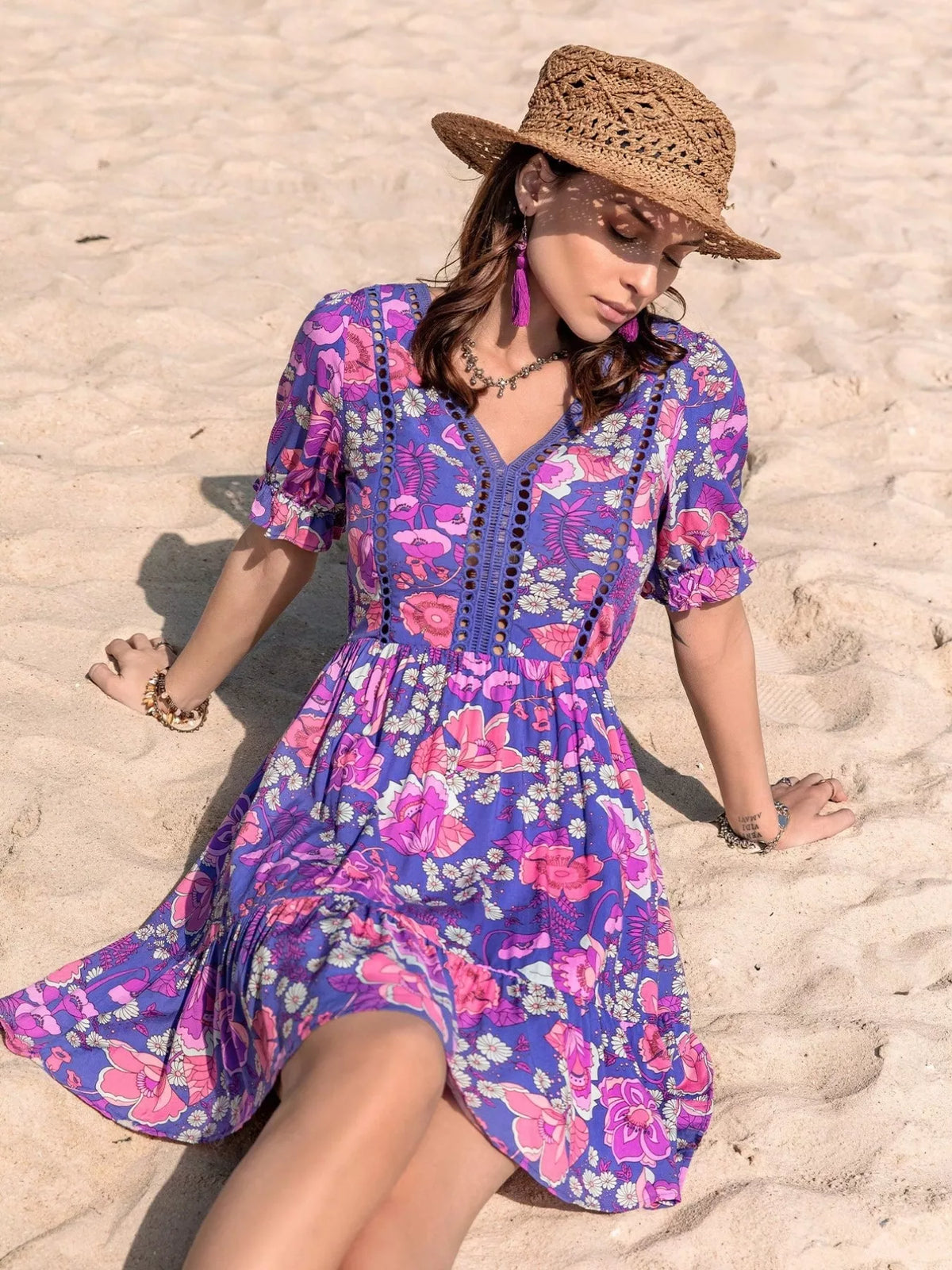 Vivid Violet Floral V-Neck Eyelet-Trim Mini Dress