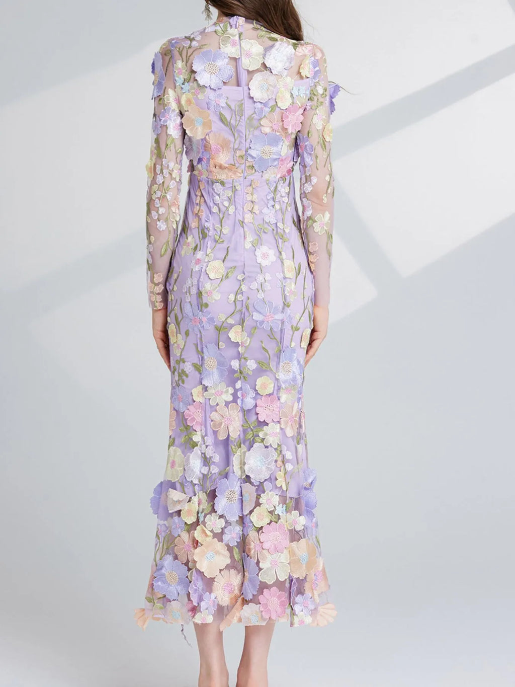 Floral-Embroidered Mesh Long-Sleeve Midi Dress