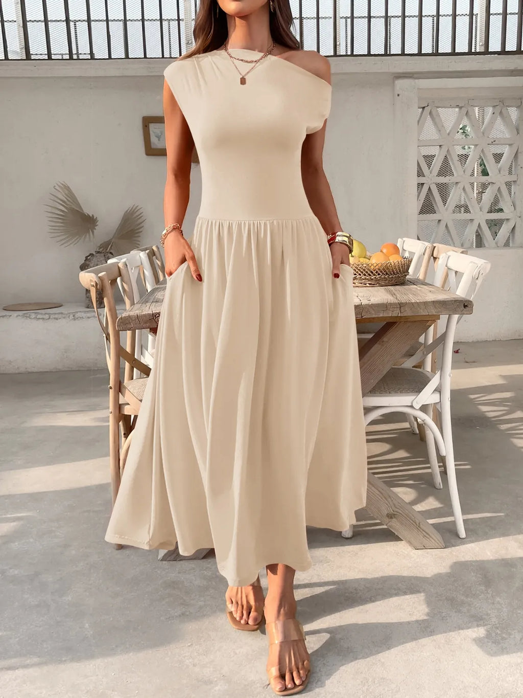 Single-Shoulder Dress with Pockets