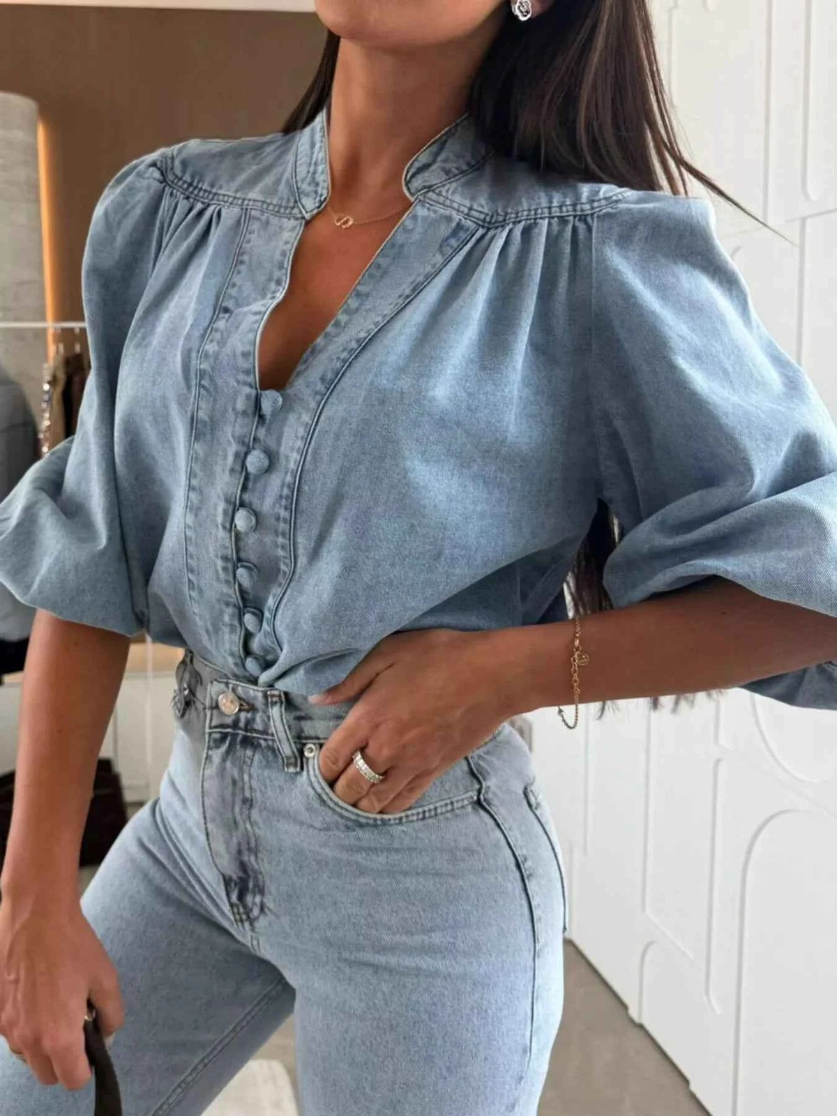 Button-Down Puff-Sleeve Denim Blouse