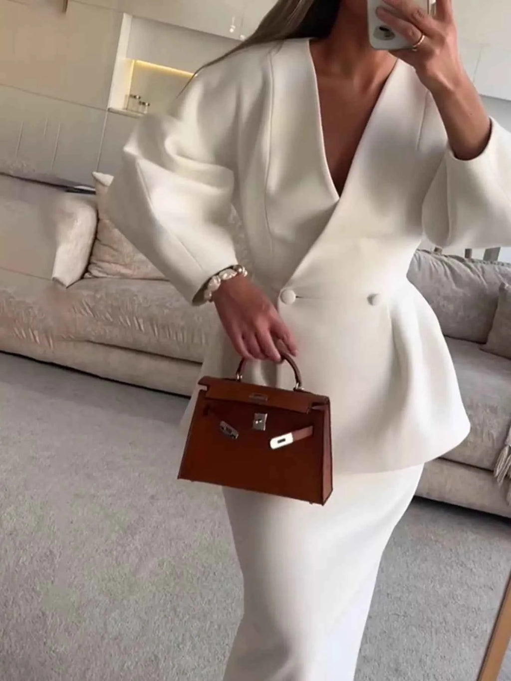 Milky White Peplum Blazer & Skirt Set