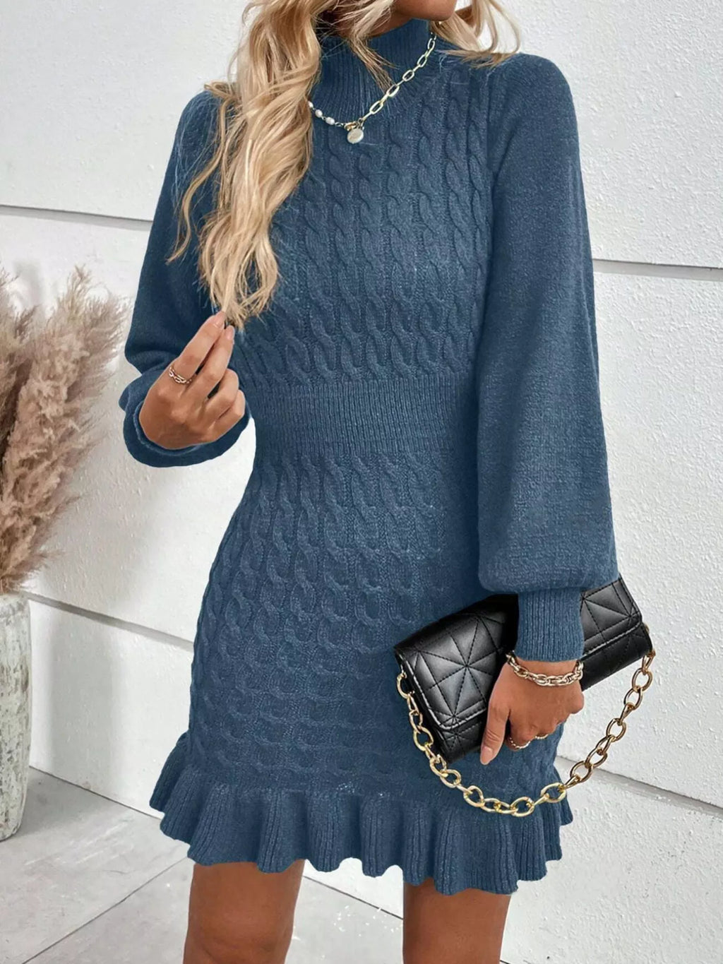 Cable-Knit Mock-Neck Ruffle-Hem Sweater Mini Dress