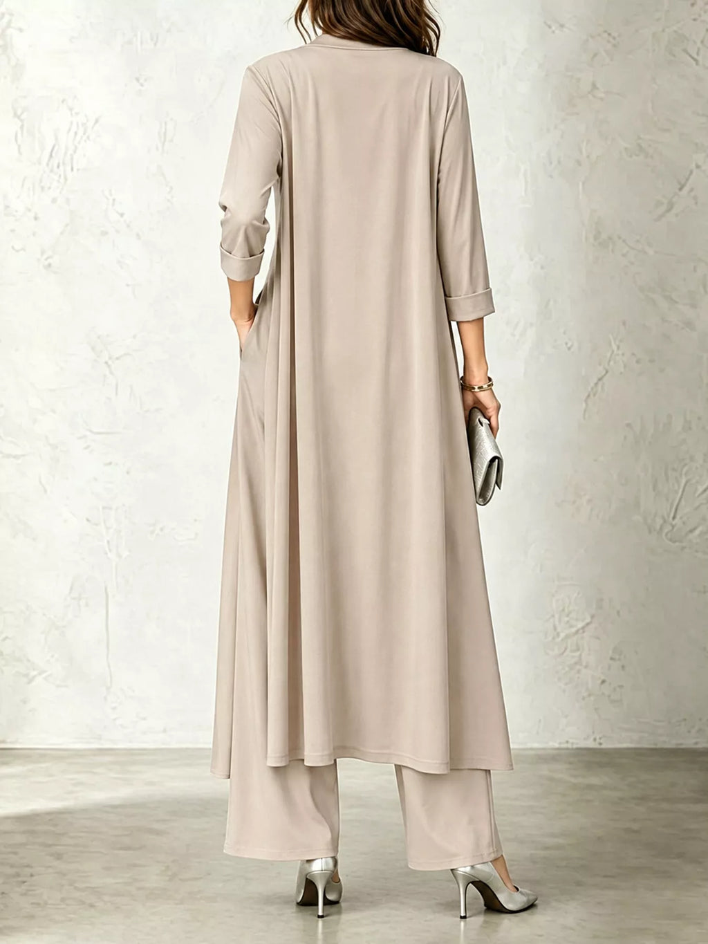 Cowl-Neck Top, Cardigan & Wide-Leg Pants Three-Piece Set
