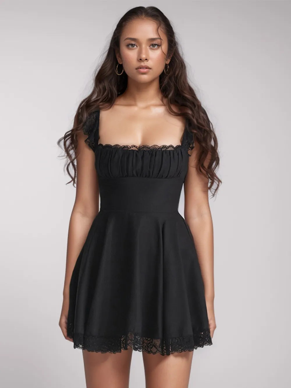 Lace-Detail Square-Neck Cap-Sleeve Mini Dress