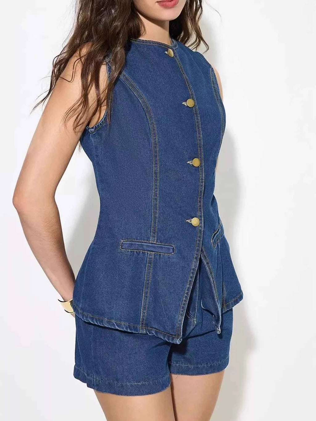 Blue Button-Up Sleeveless Denim Top