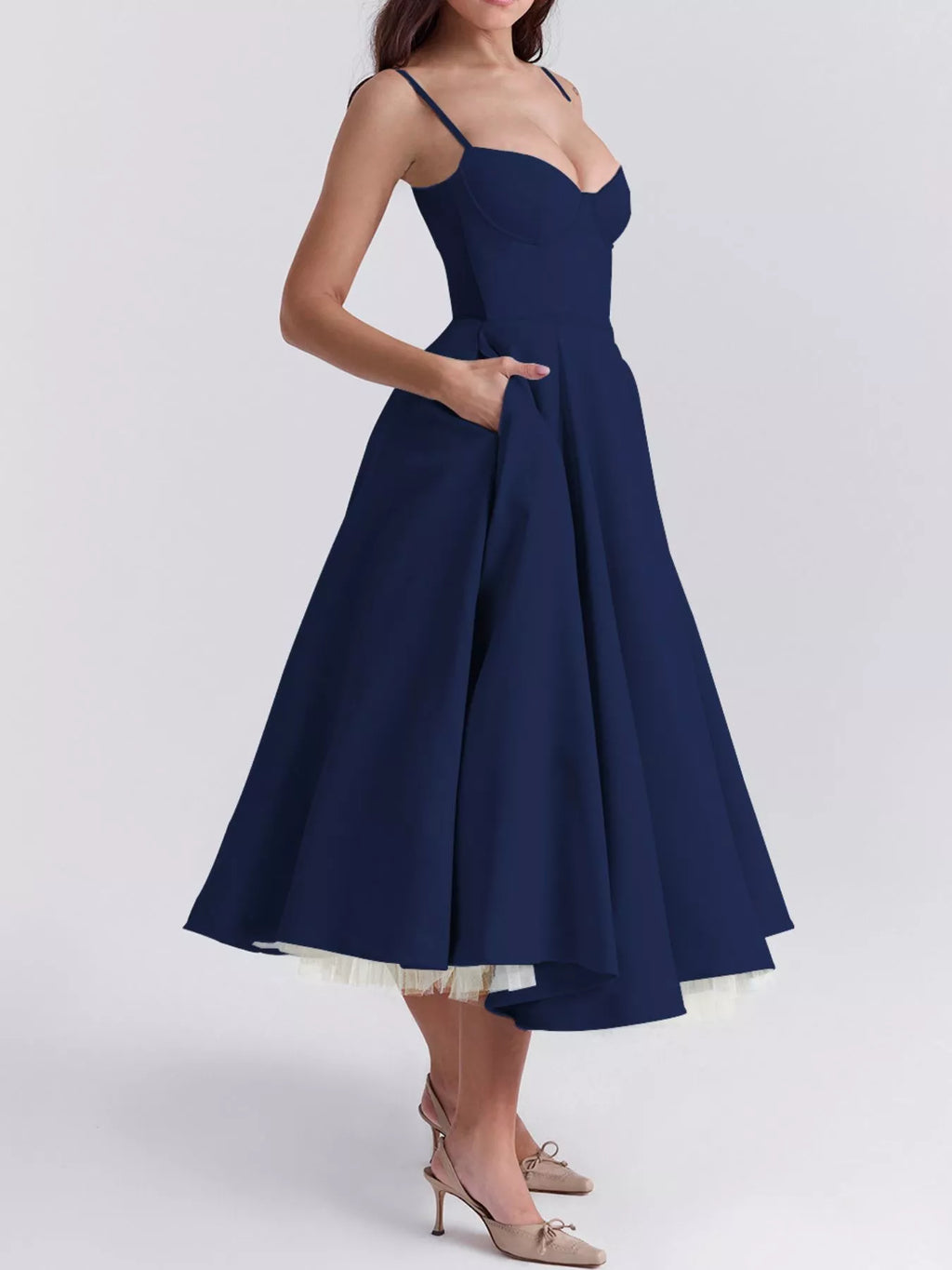 Sweetheart-Neck Pocketed A-Line Midi Dress