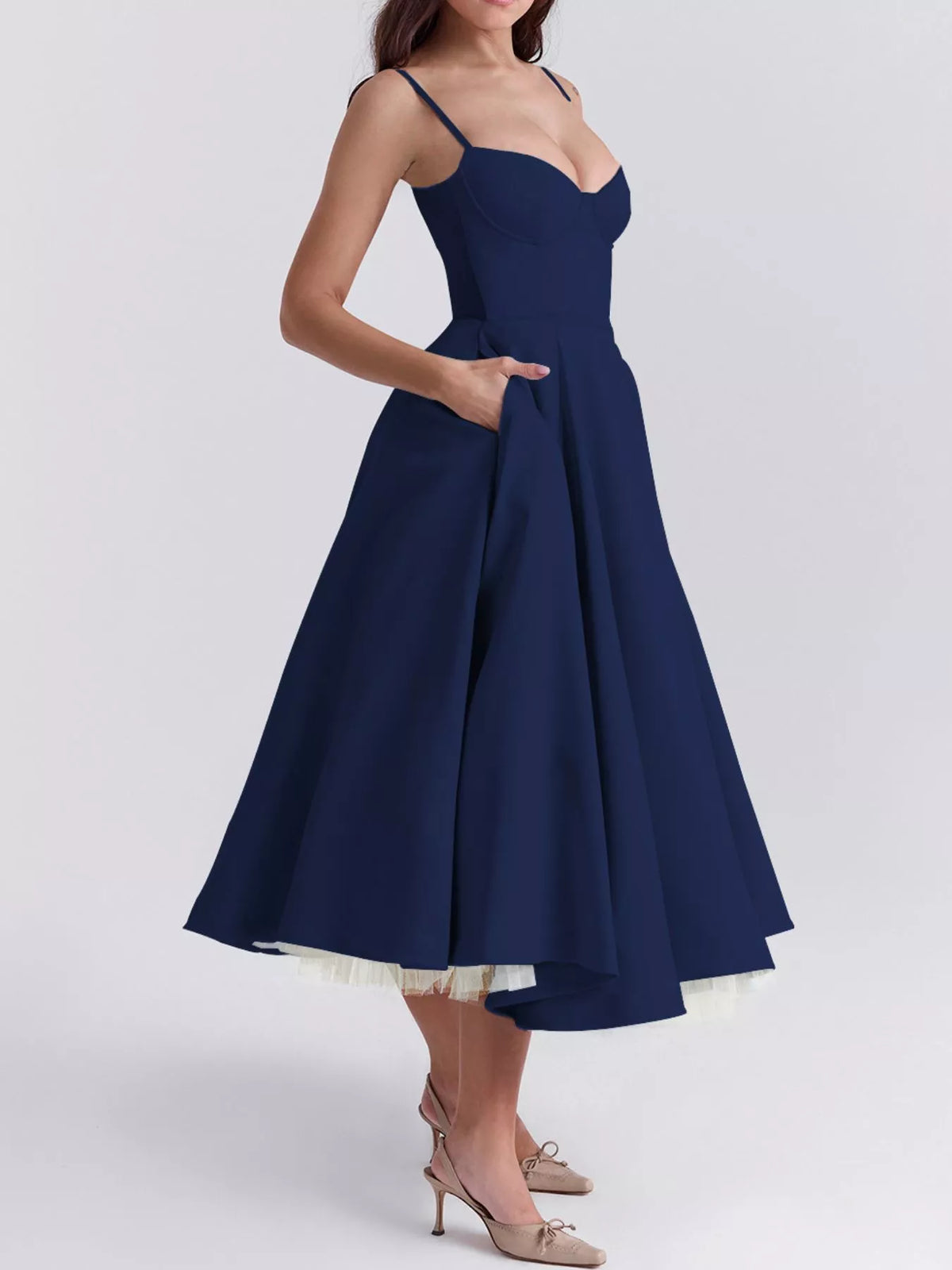 Sweetheart-Neck Pocketed A-Line Midi Dress