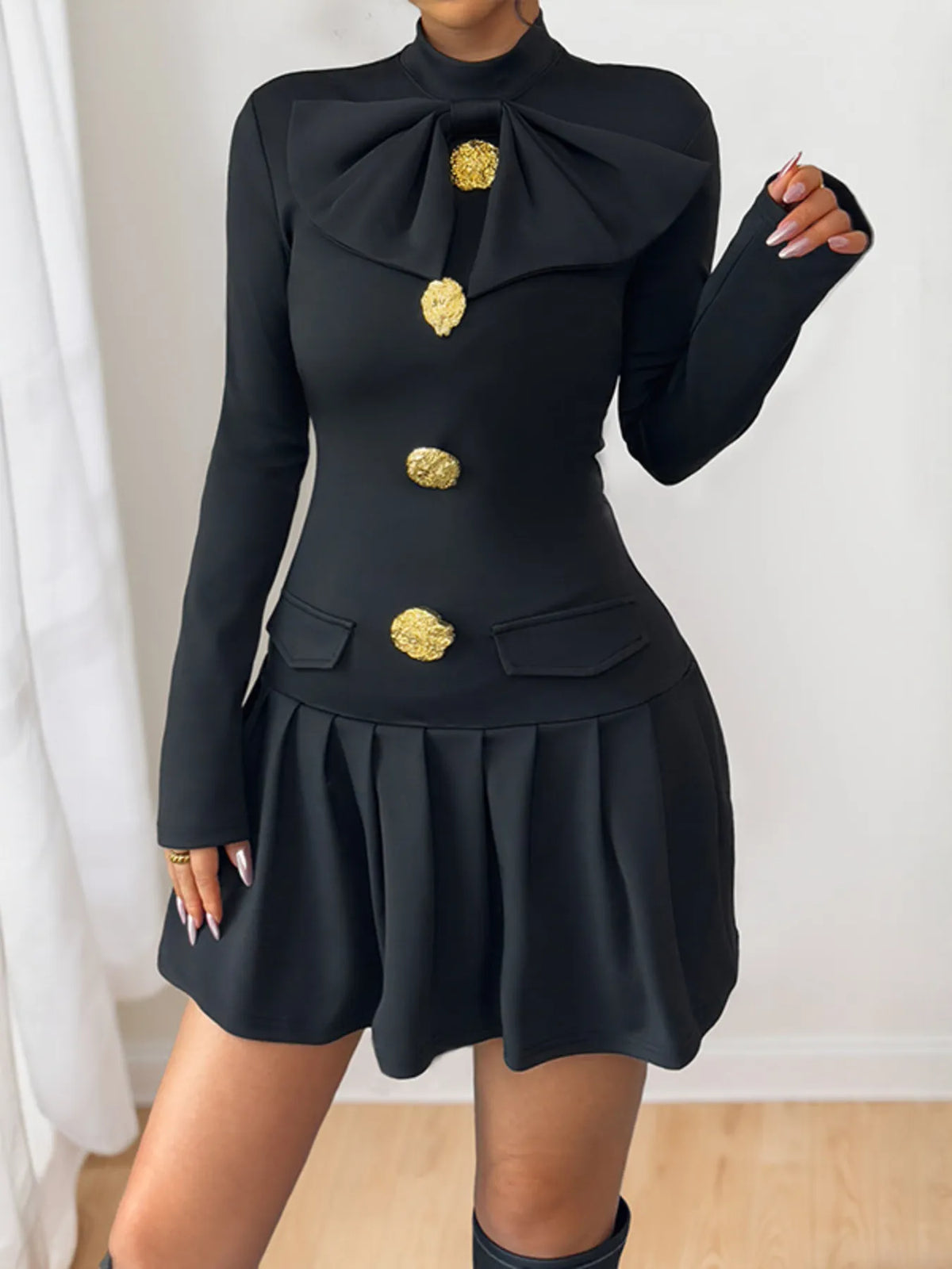 Perfee Black Decorative-Button Mock-Neck Mini Dress