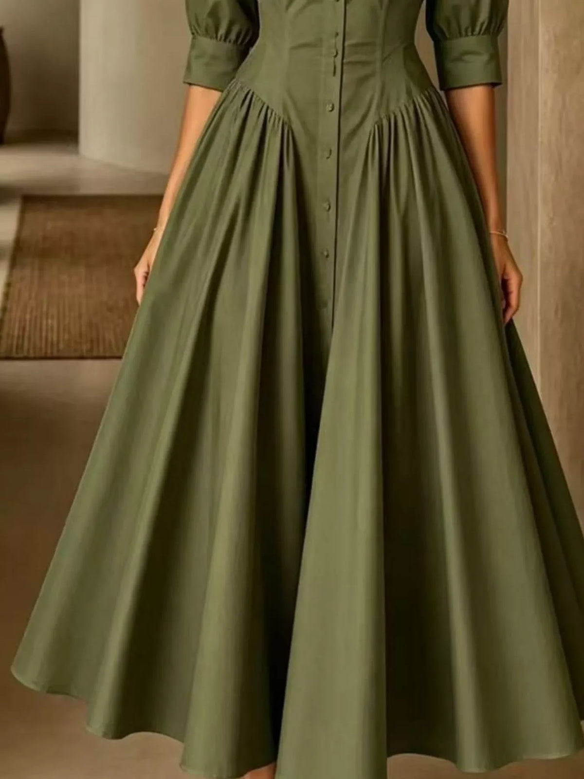 Collared Cinched-Waist Button-Front Midi Dress