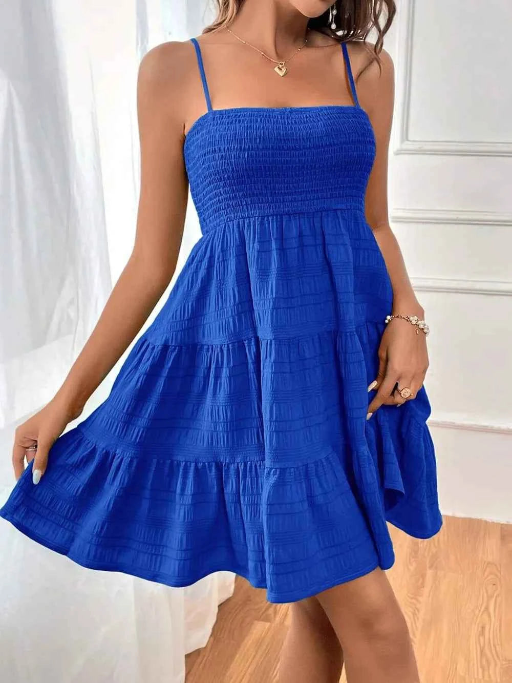 Smocked Tiered Spaghetti-Strap Mini Dress