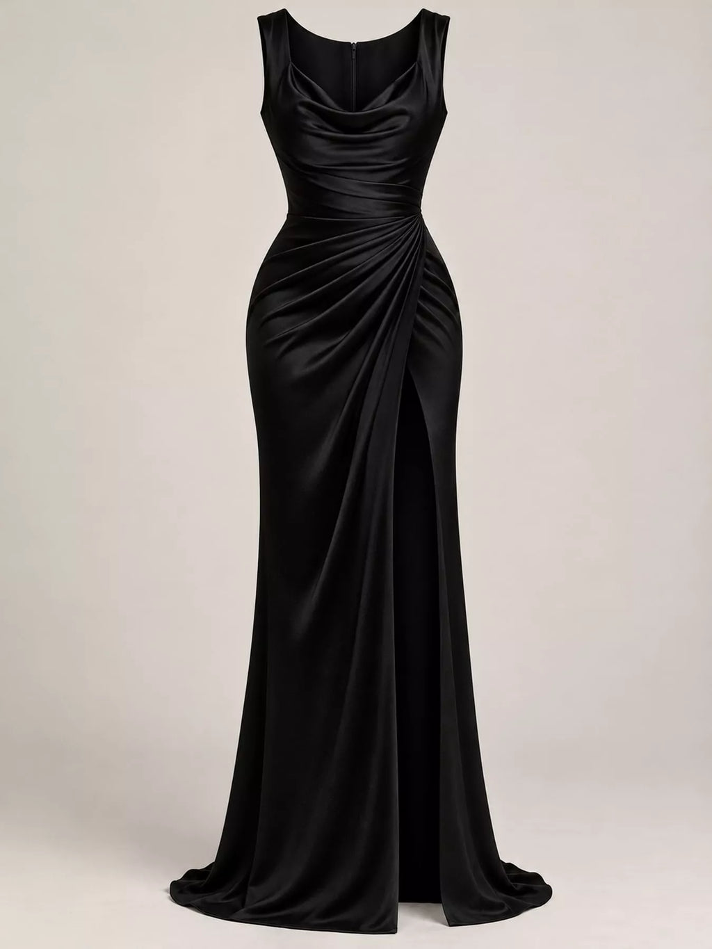 Satin Cowl-Neck Ruched High-Slit Maxi Dress