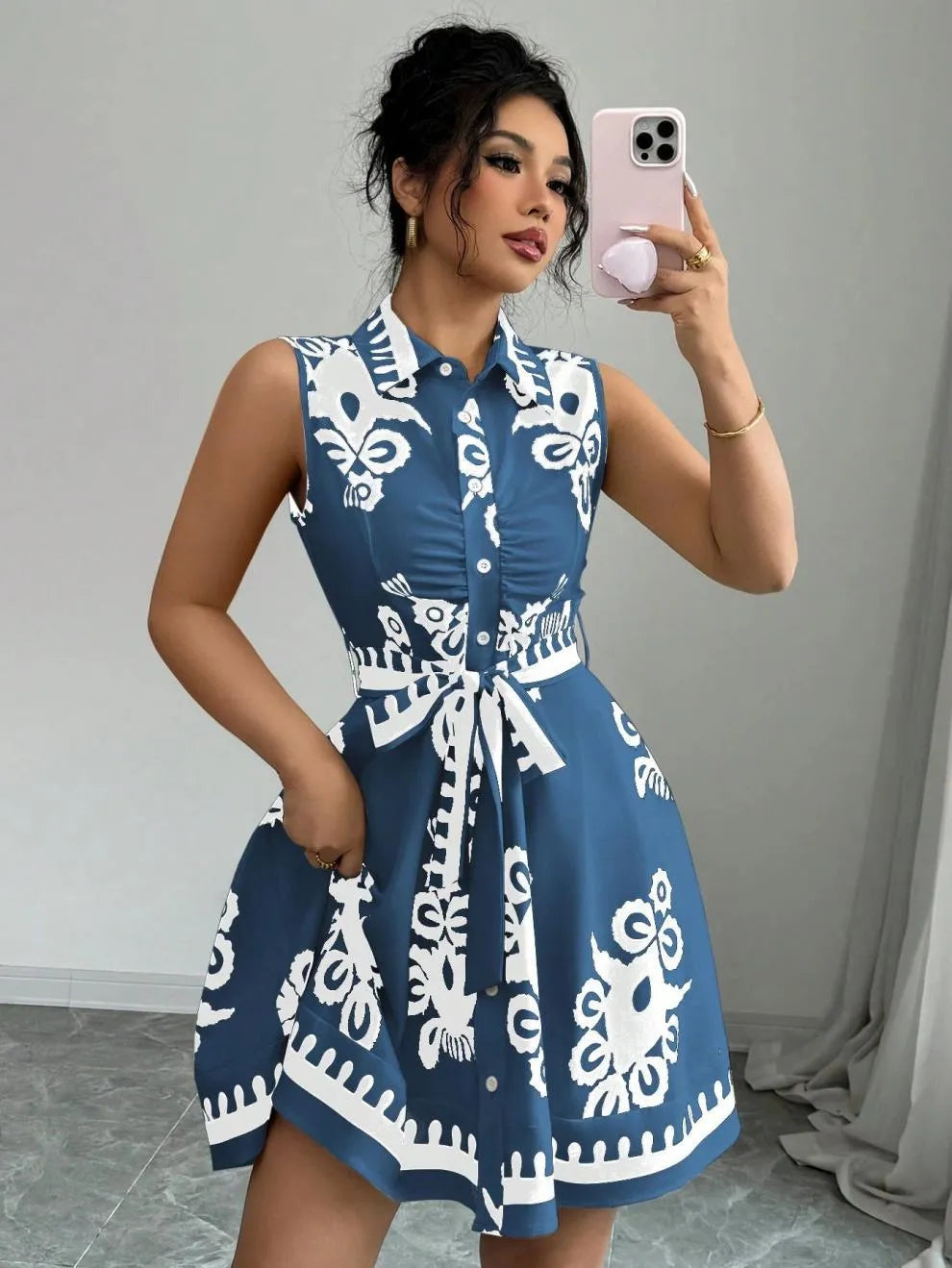 Printed Sleeveless Button-Front Dress
