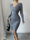 Ribbed Knit Sweater Dress with Decorative Buttons