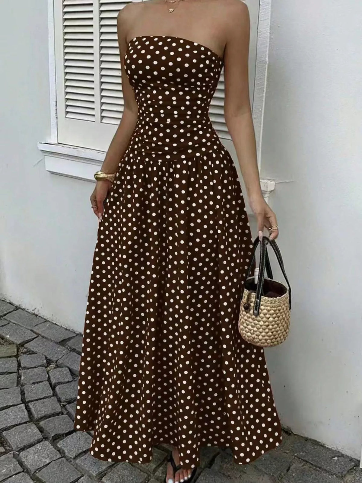 Strapless Polka-Dot Ruched Maxi Dress, S–2XL