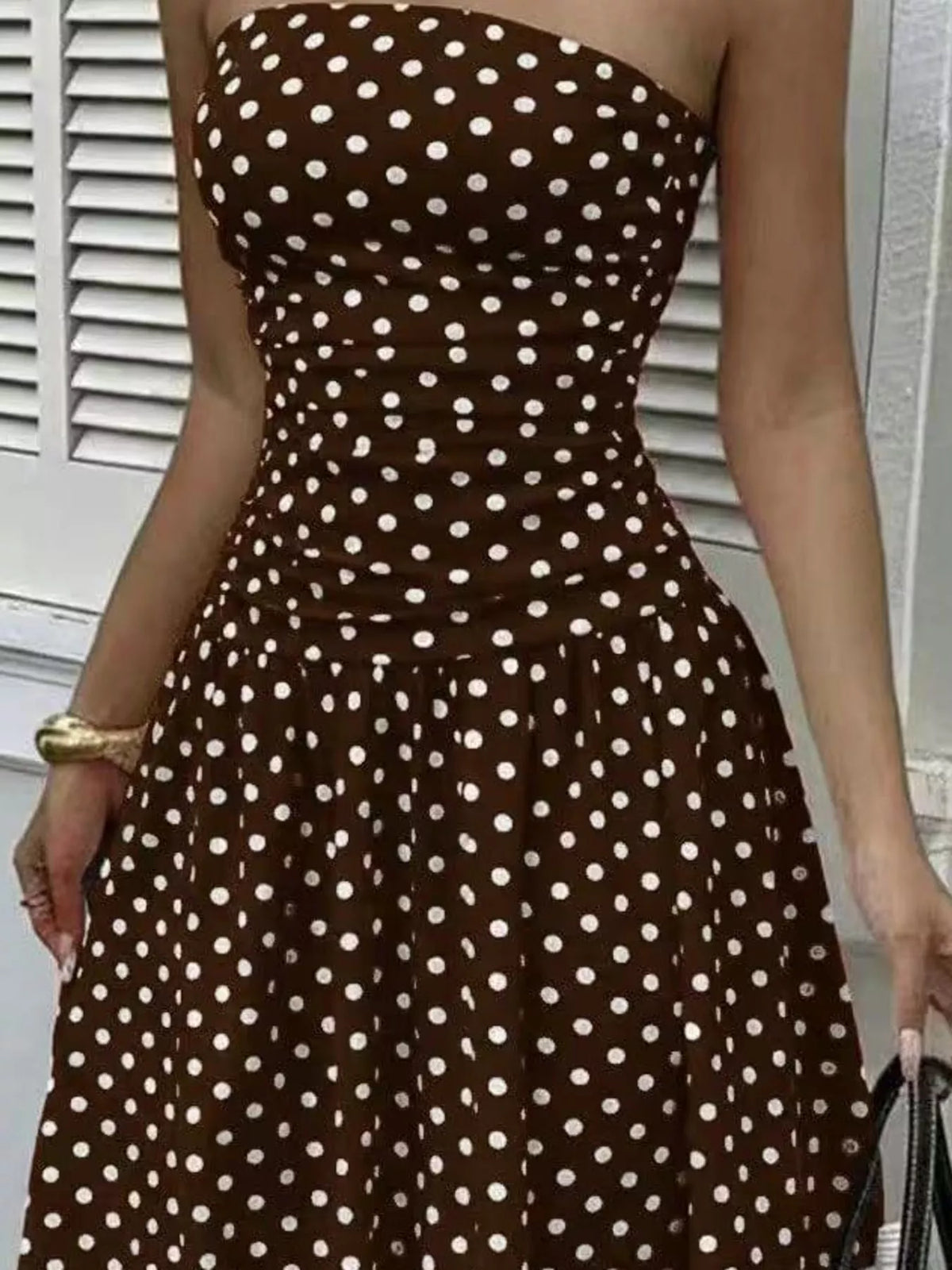 Strapless Polka-Dot Ruched Maxi Dress, S–2XL