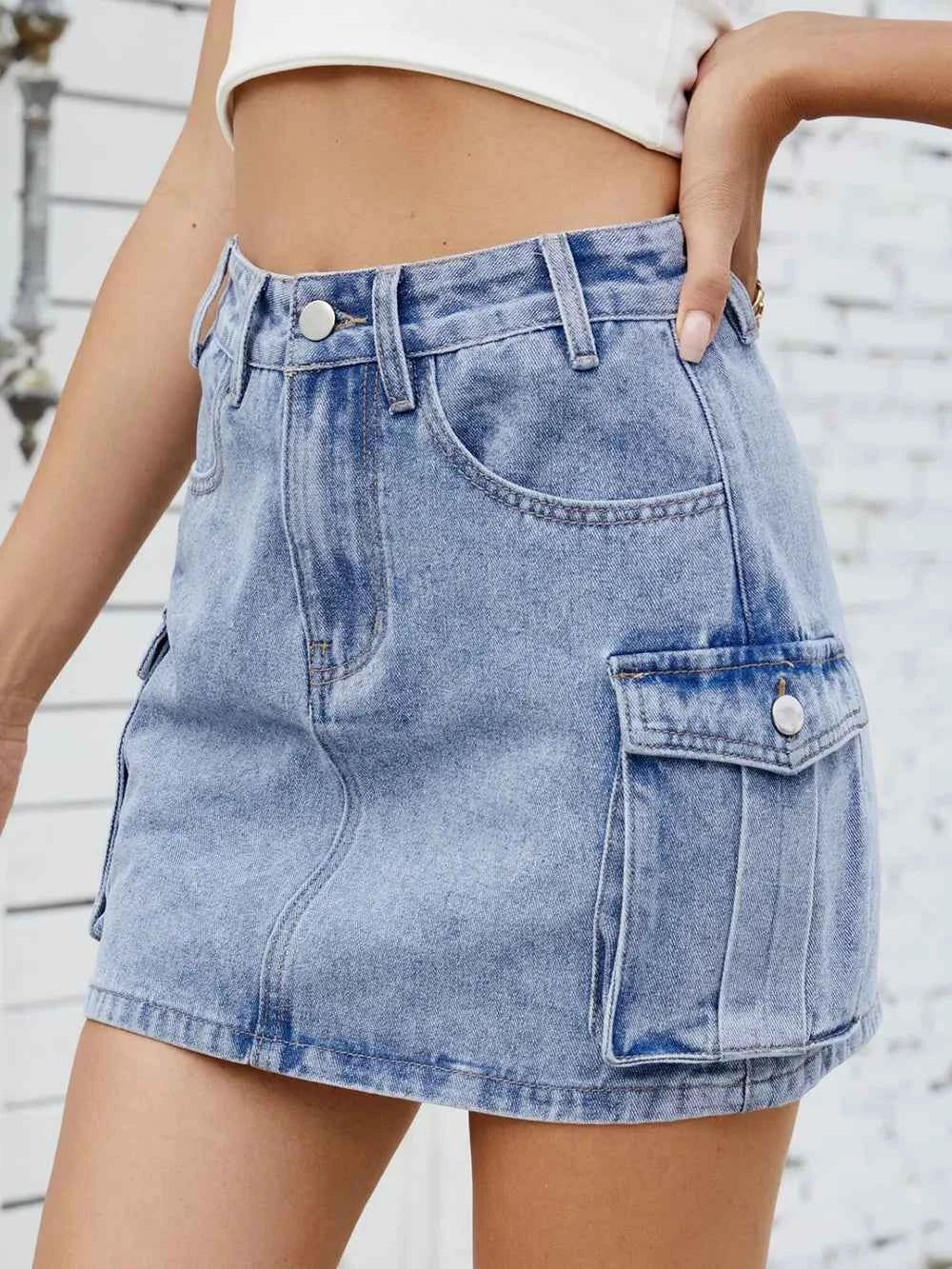 Denim-Look Cargo Mini Skirt