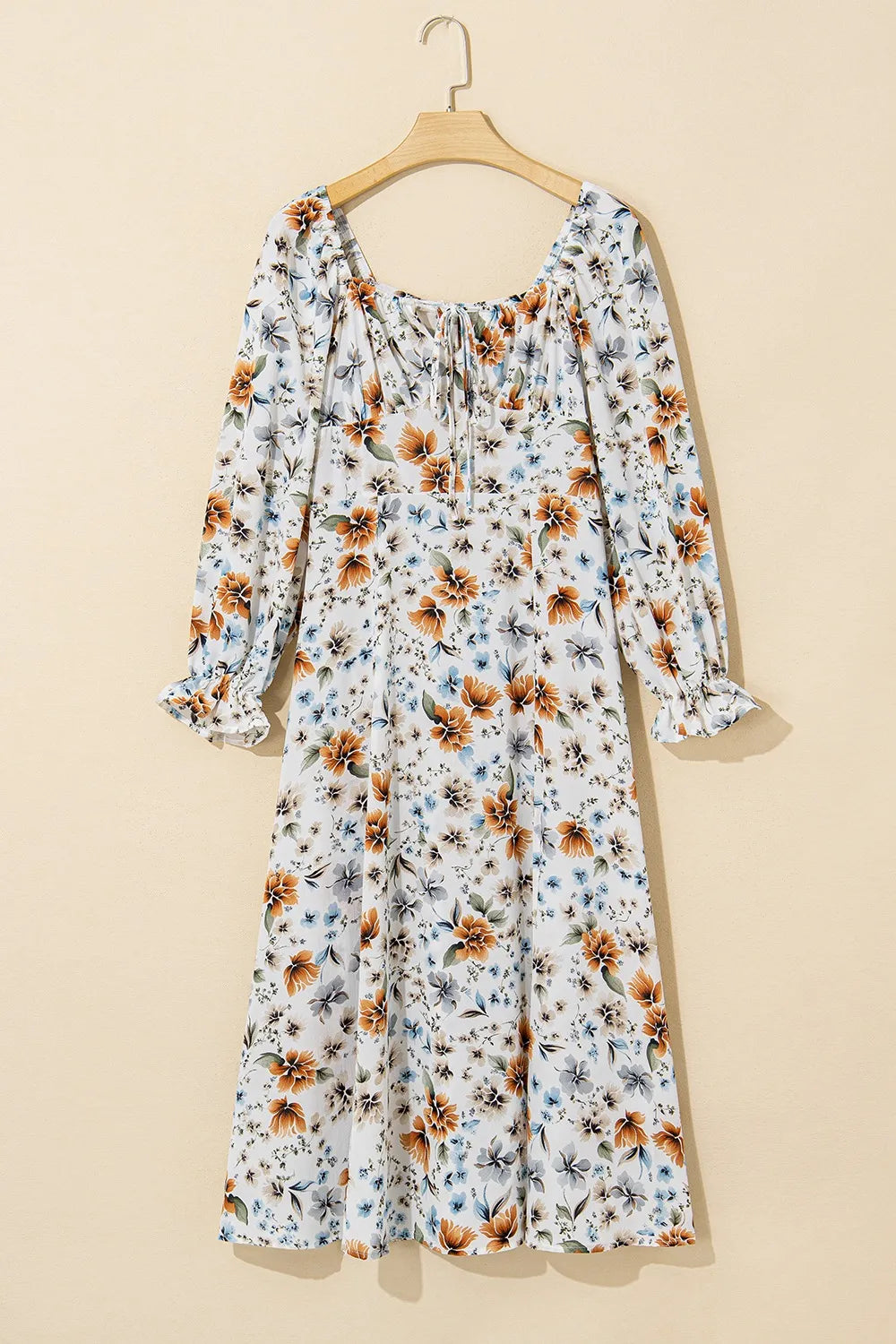 Floral Square-Neck Flounce-Sleeve Slit Midi Dress