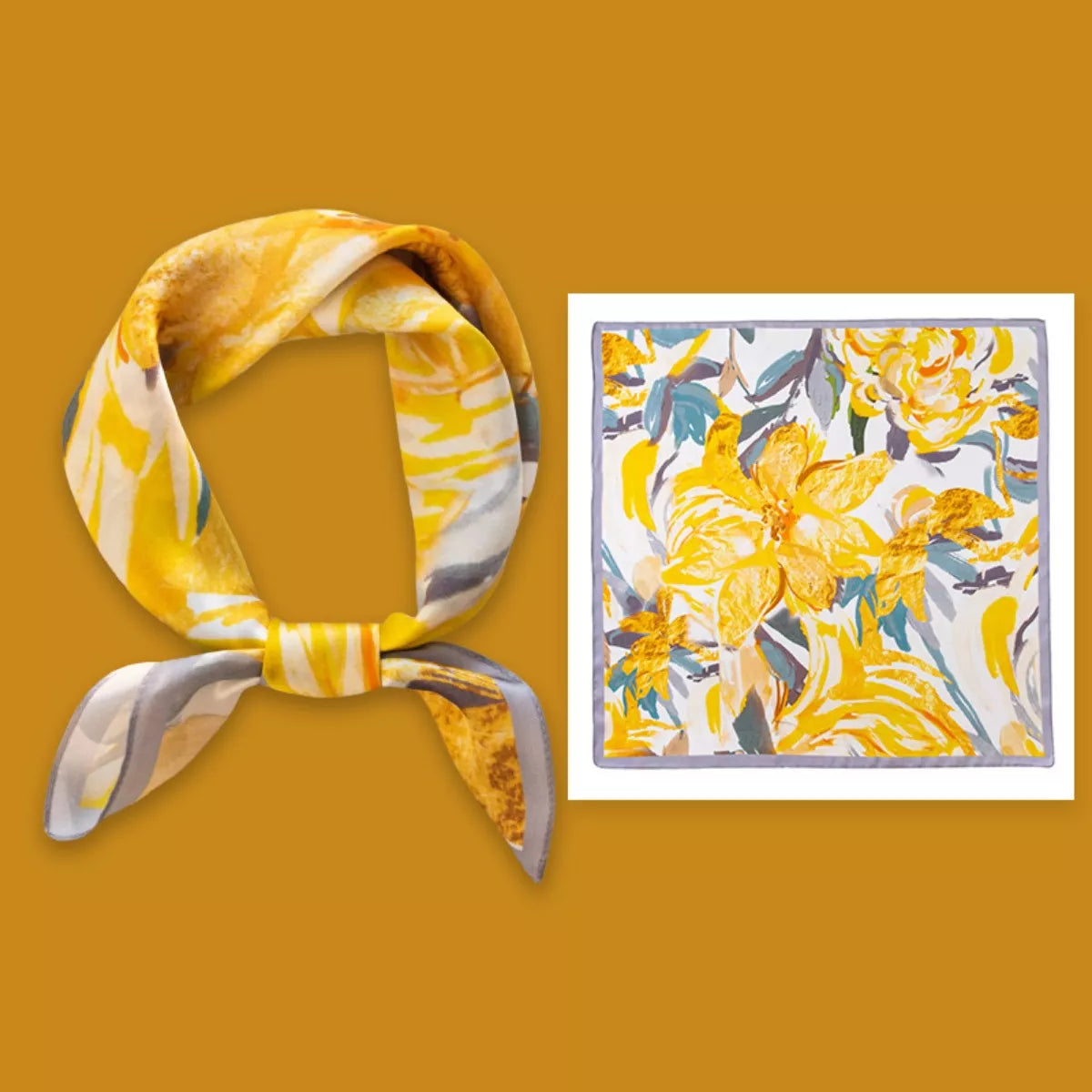 Sherbet floral scarf shown tied and laid flat to display its square pattern.