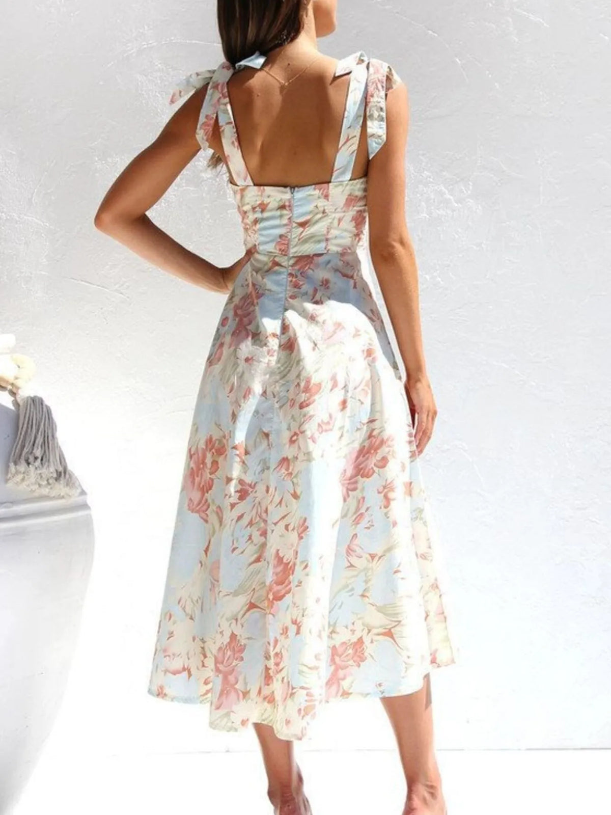 Floral Tie-Strap Sweetheart Midi Dress