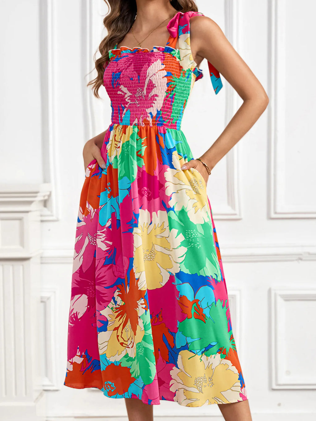 Floral Smocked Tie-Shoulder Midi Dress