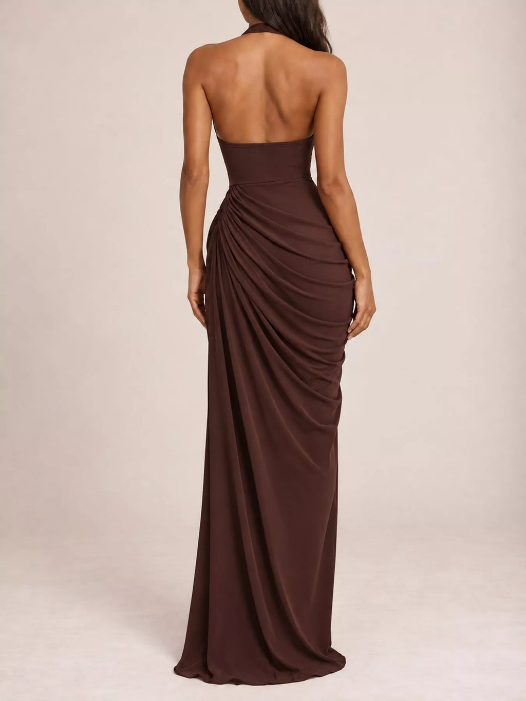 Halter-Neck Ruched High-Slit Maxi Evening Dress