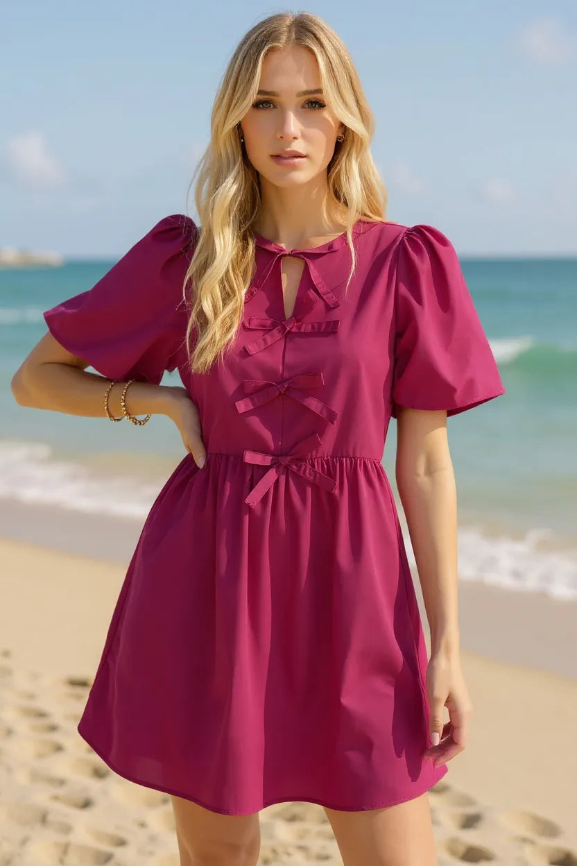 Cerise Bow-Detail Puff-Sleeve Cotton Mini Dress