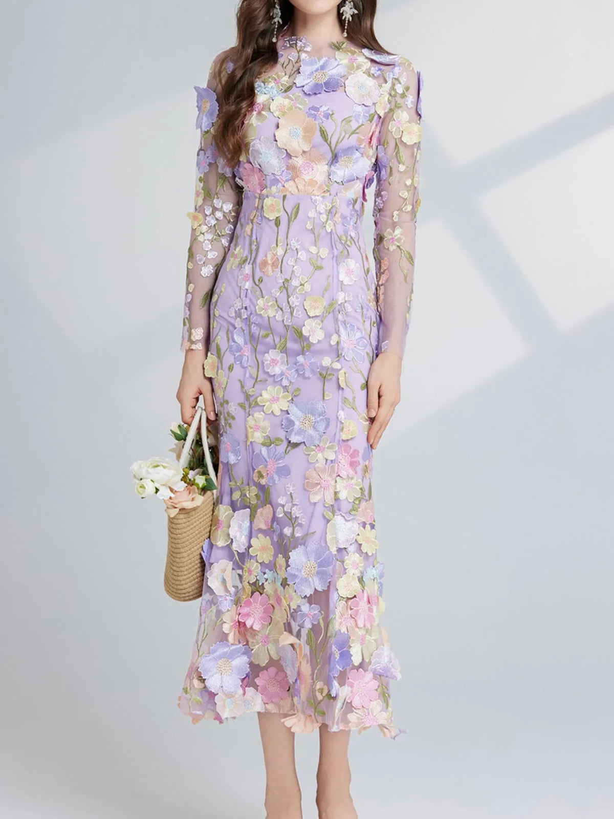 Floral-Embroidered Mesh Long-Sleeve Midi Dress
