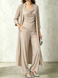 Cowl-Neck Top, Cardigan & Wide-Leg Pants Three-Piece Set