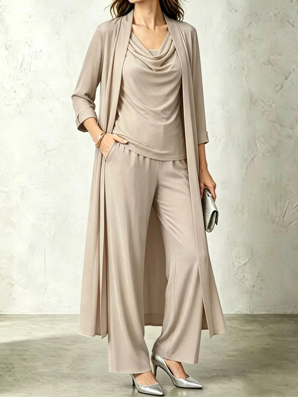 Cowl-Neck Top, Cardigan & Wide-Leg Pants Three-Piece Set