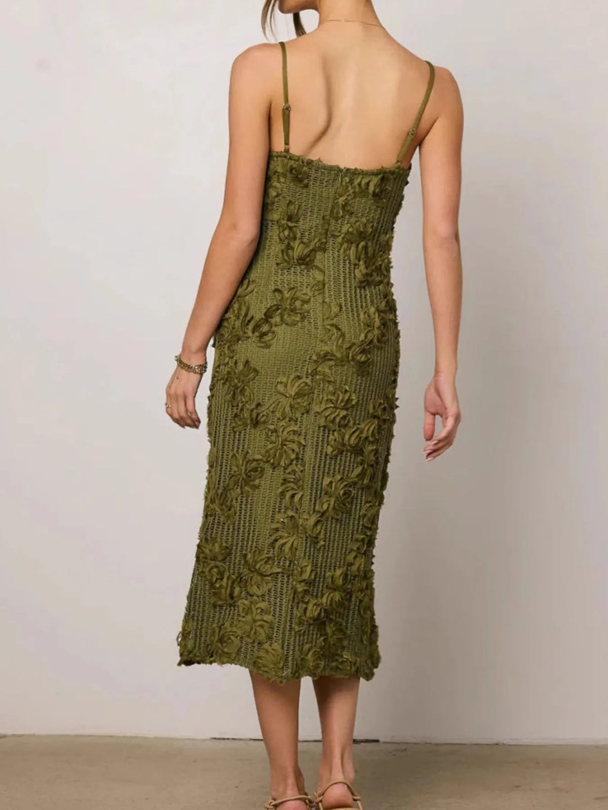 Olive Floral-Texture Midi Cami Dress