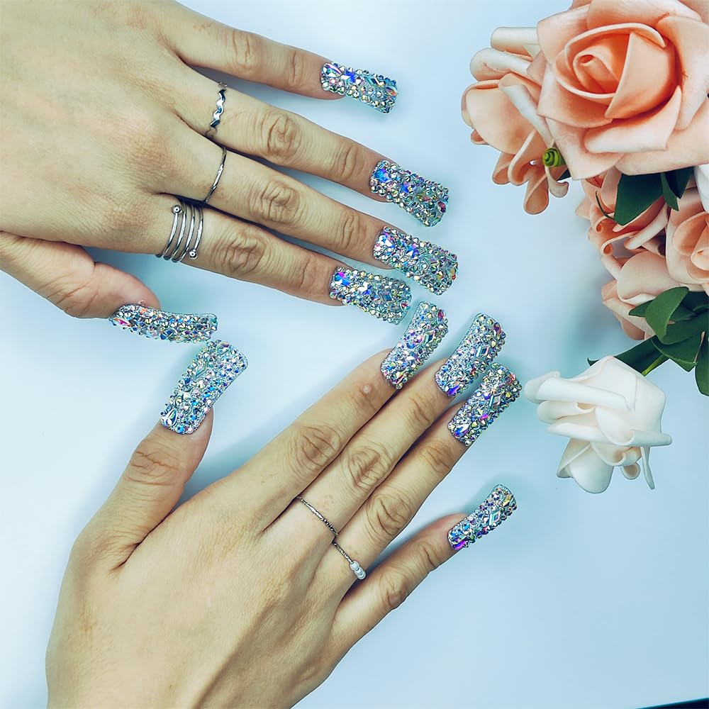 Full Diamond Duck Press-On Nails – 3D Crystal Aurora Edge | Handmade PMMA Acrylic, Gift Box — Prime Trend Market