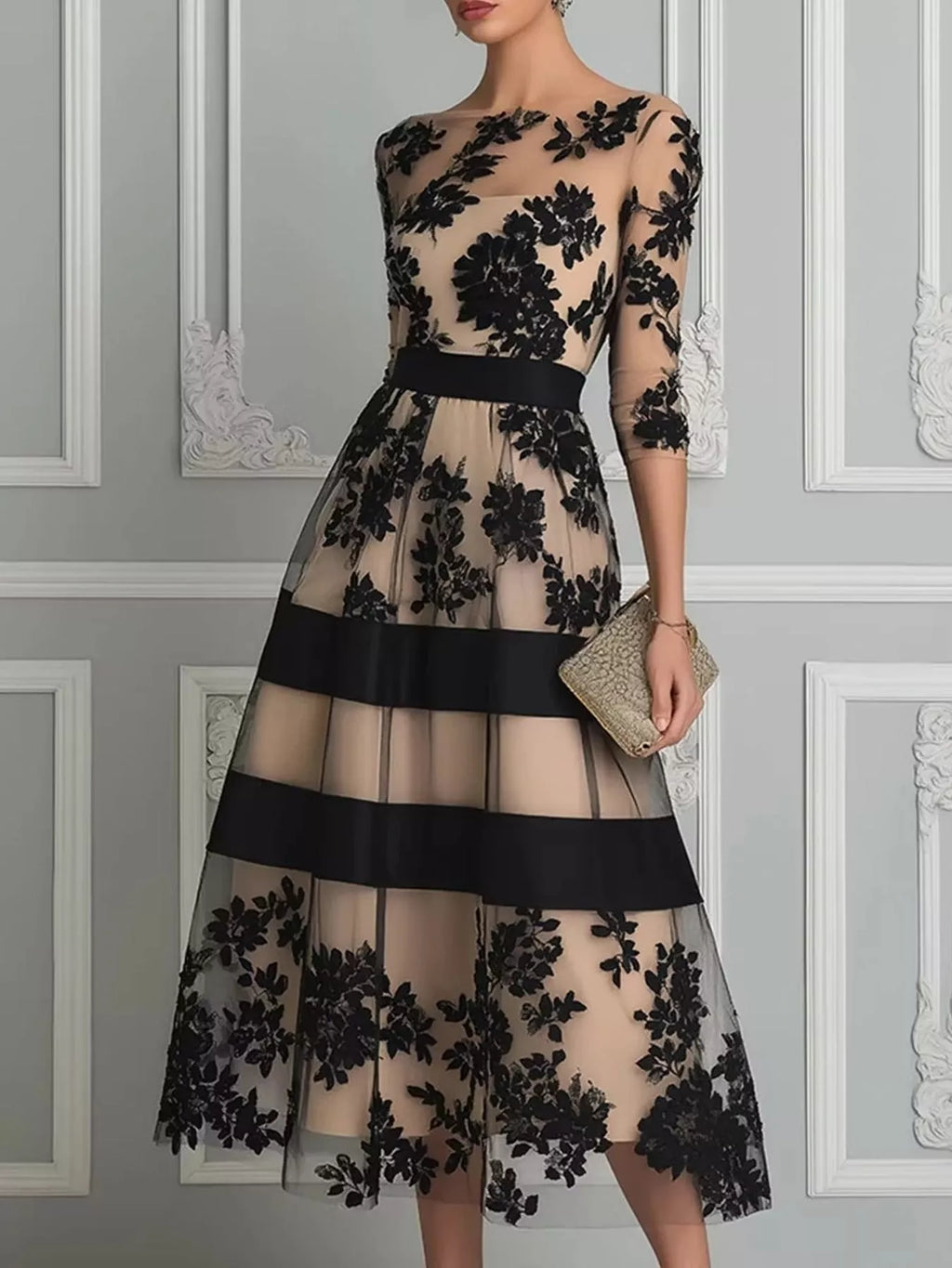 Floral Tulle A-Line Midi Dress