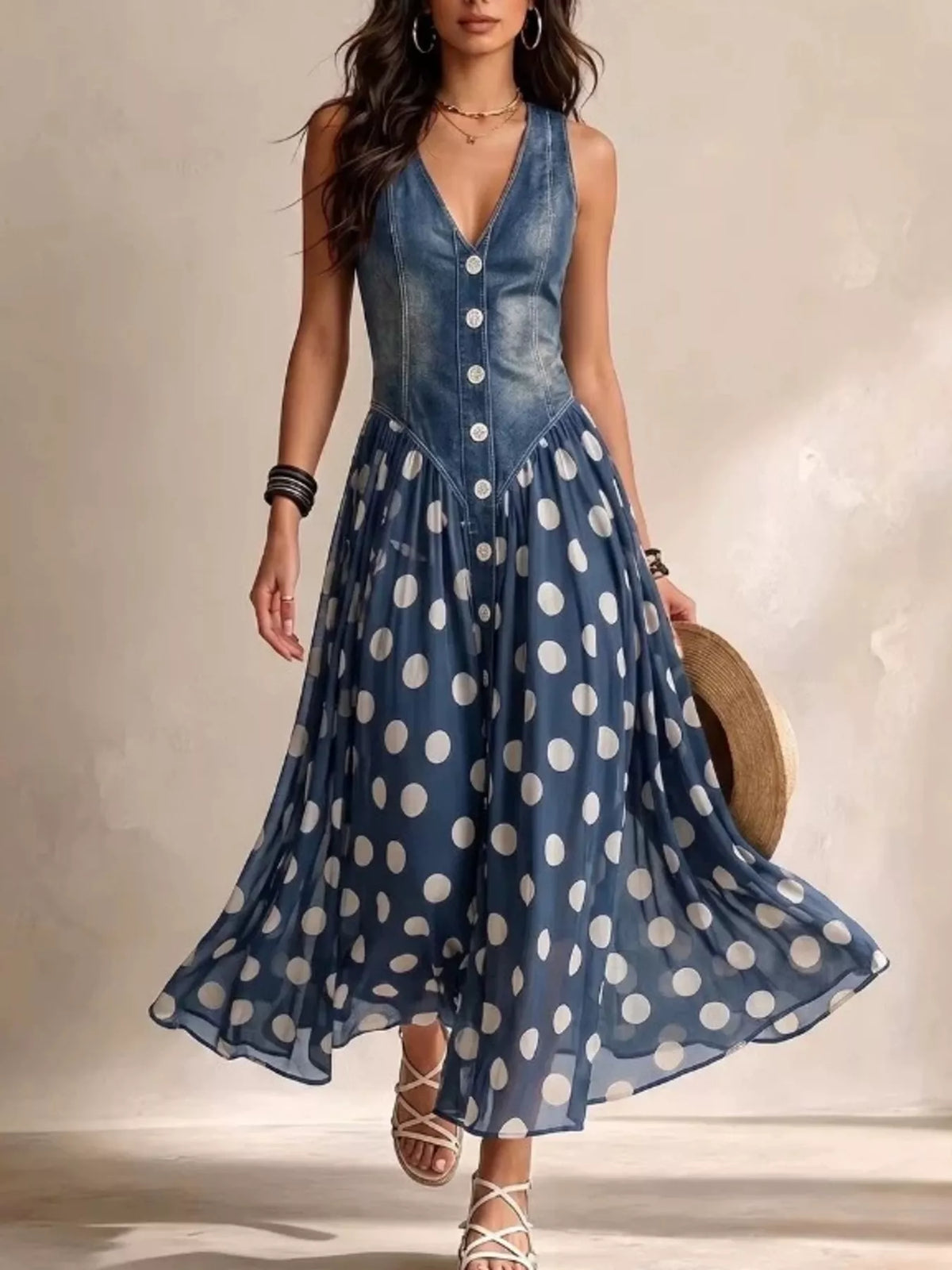 Polka-Dot V-Neck Sleeveless Maxi Dress, S–3XL