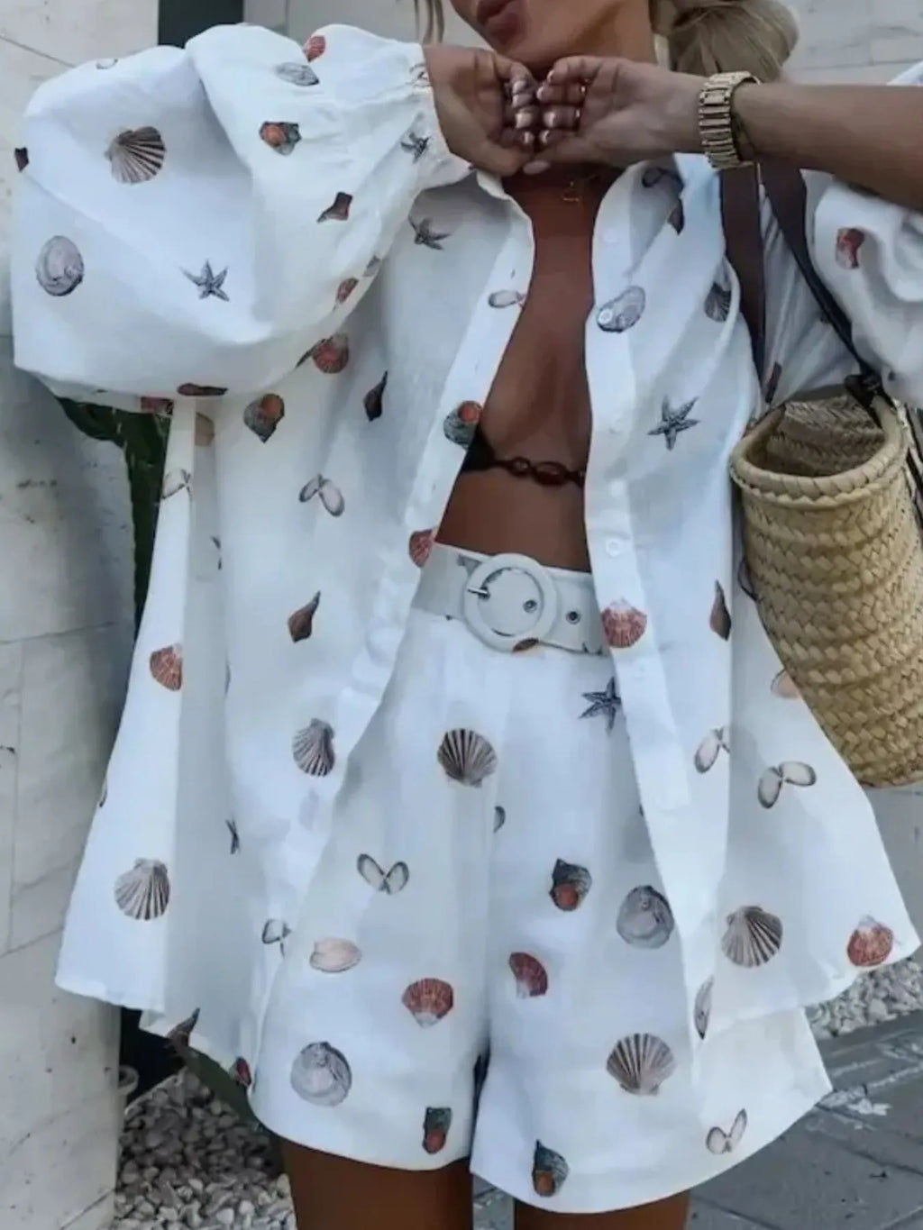 White Seashell-Print Button-Up Shirt & Shorts Set