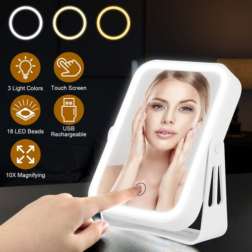 10X Magnifying LED Makeup Mirror – Double Sided, 3 Light Colors, Touch Screen, USB Rechargeable | White — Eliza & Tuan