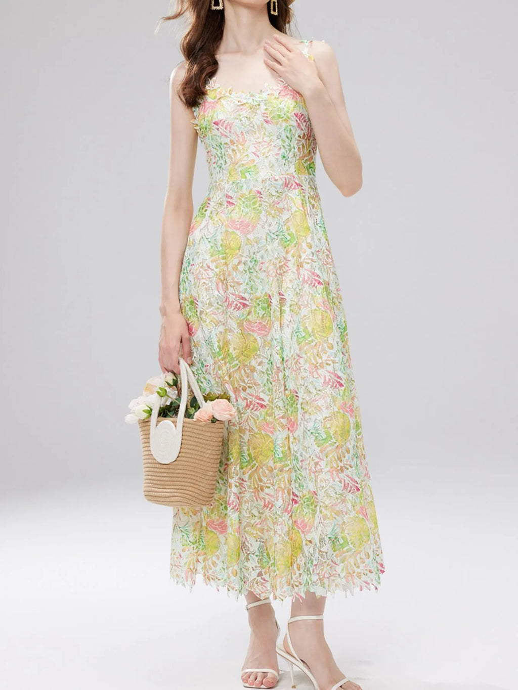 Floral Lace Sleeveless V-Neck Midi Dress