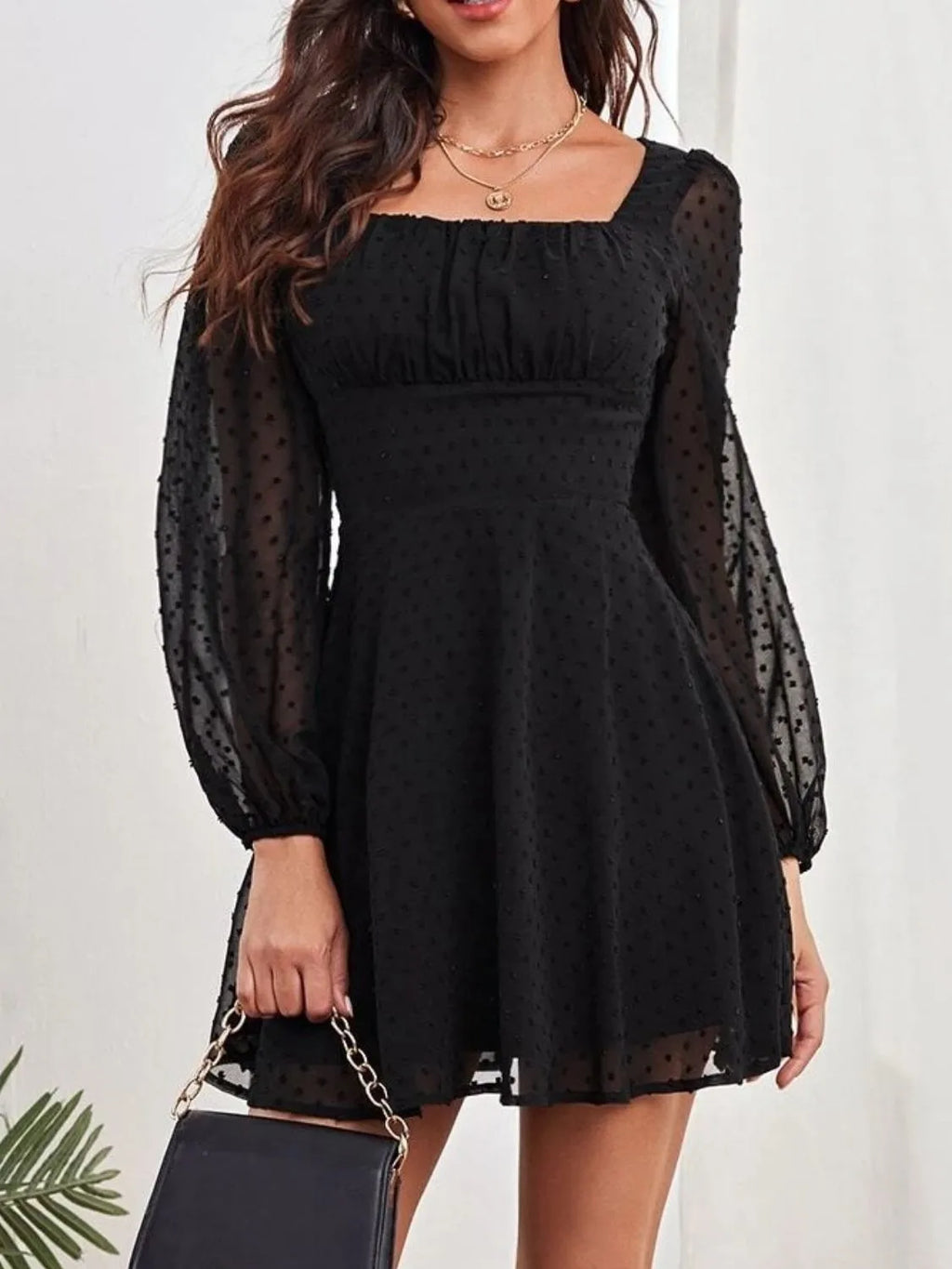 Swiss Dot Long-Sleeve Mini Dress