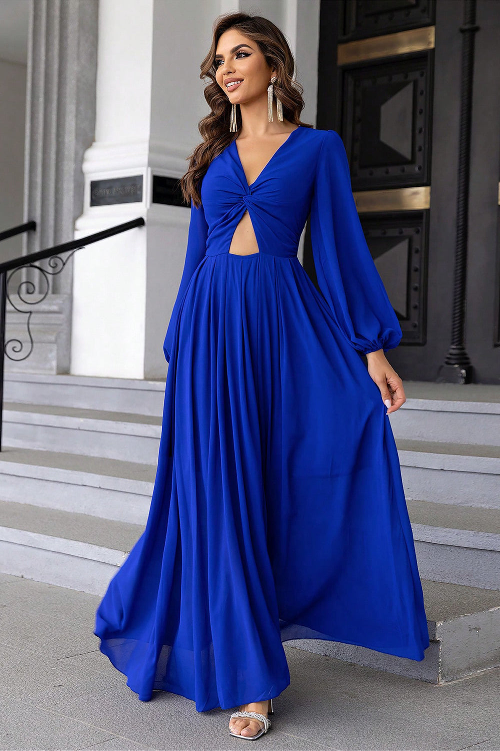 Royal Blue Twist-Front Cutout Long-Sleeve Maxi Dress