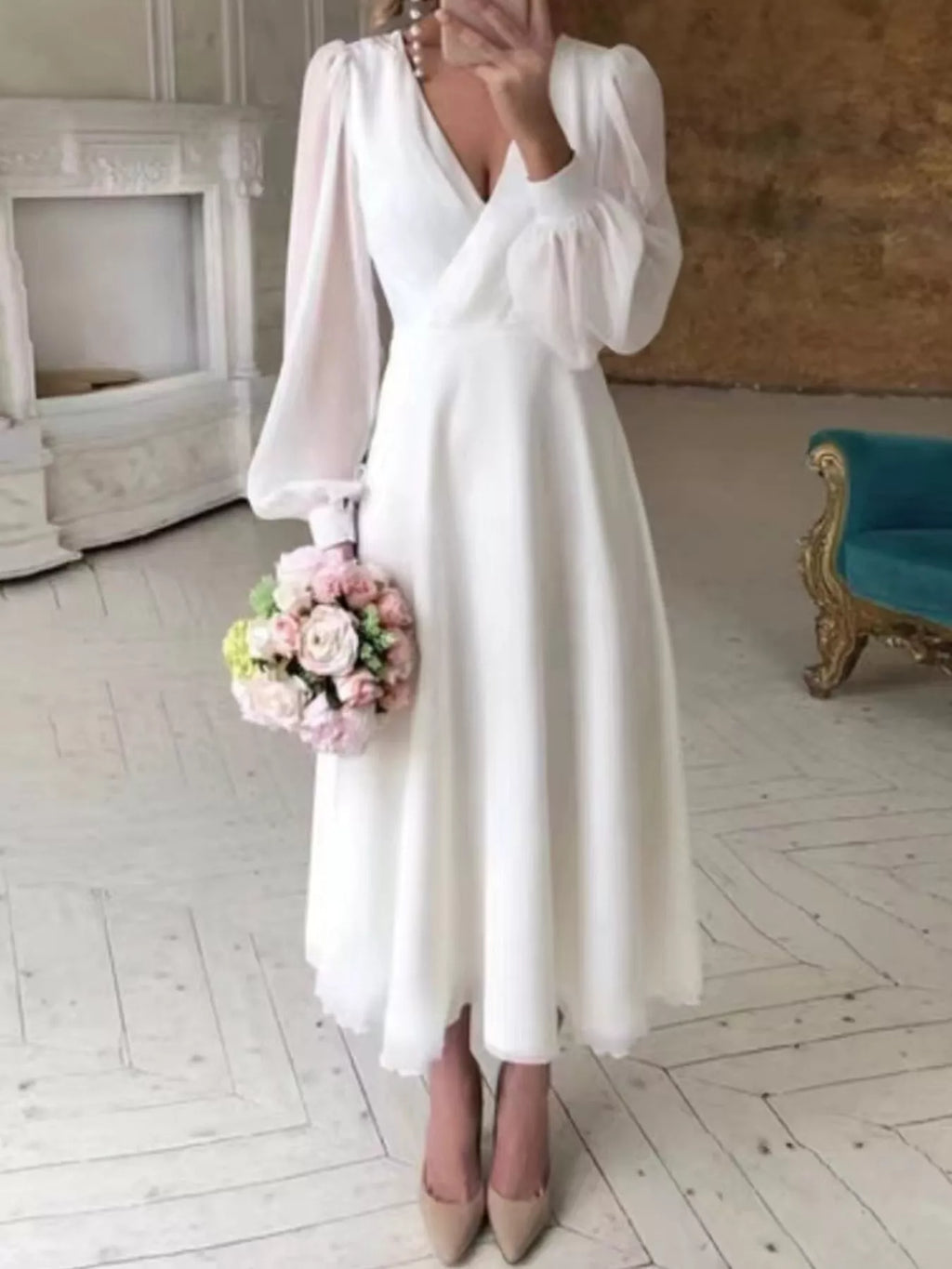 White Surplice Lantern-Sleeve Midi Dress