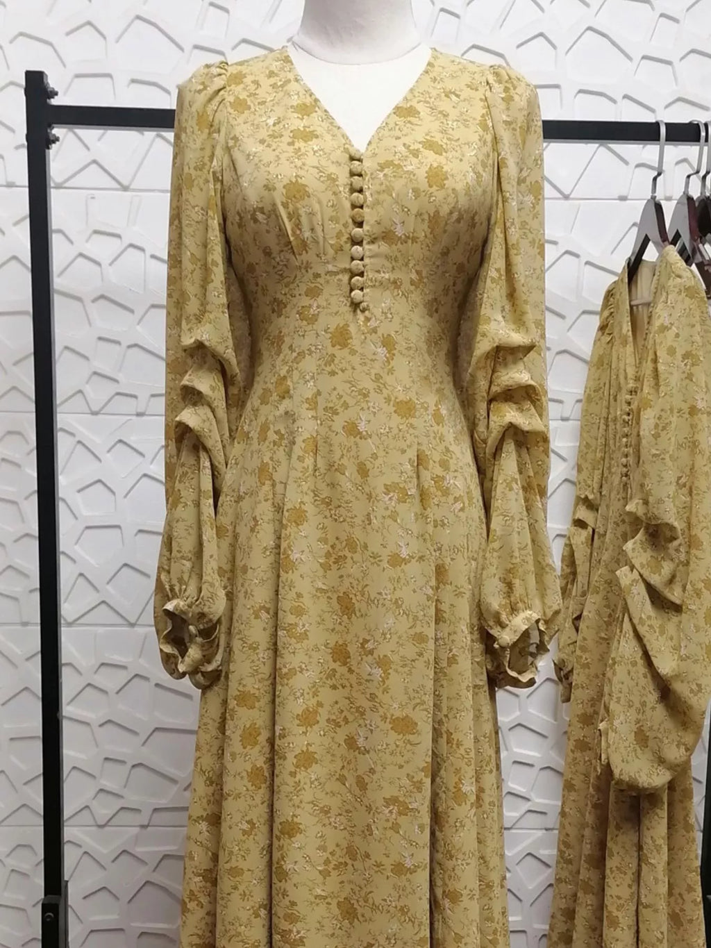 Yellow Floral V-Neck Long-Sleeve Midi Dress
