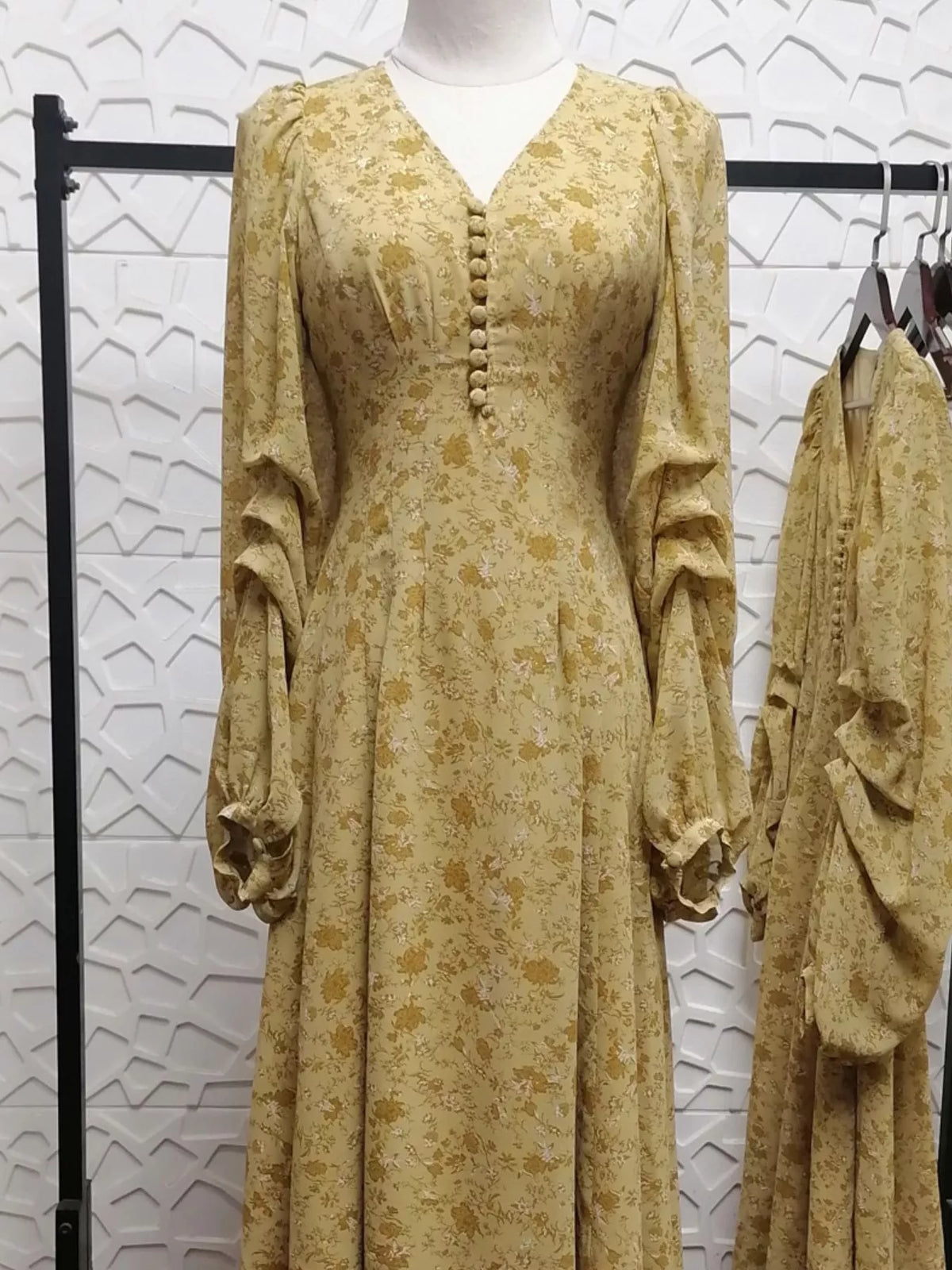 Yellow Floral V-Neck Long-Sleeve Midi Dress