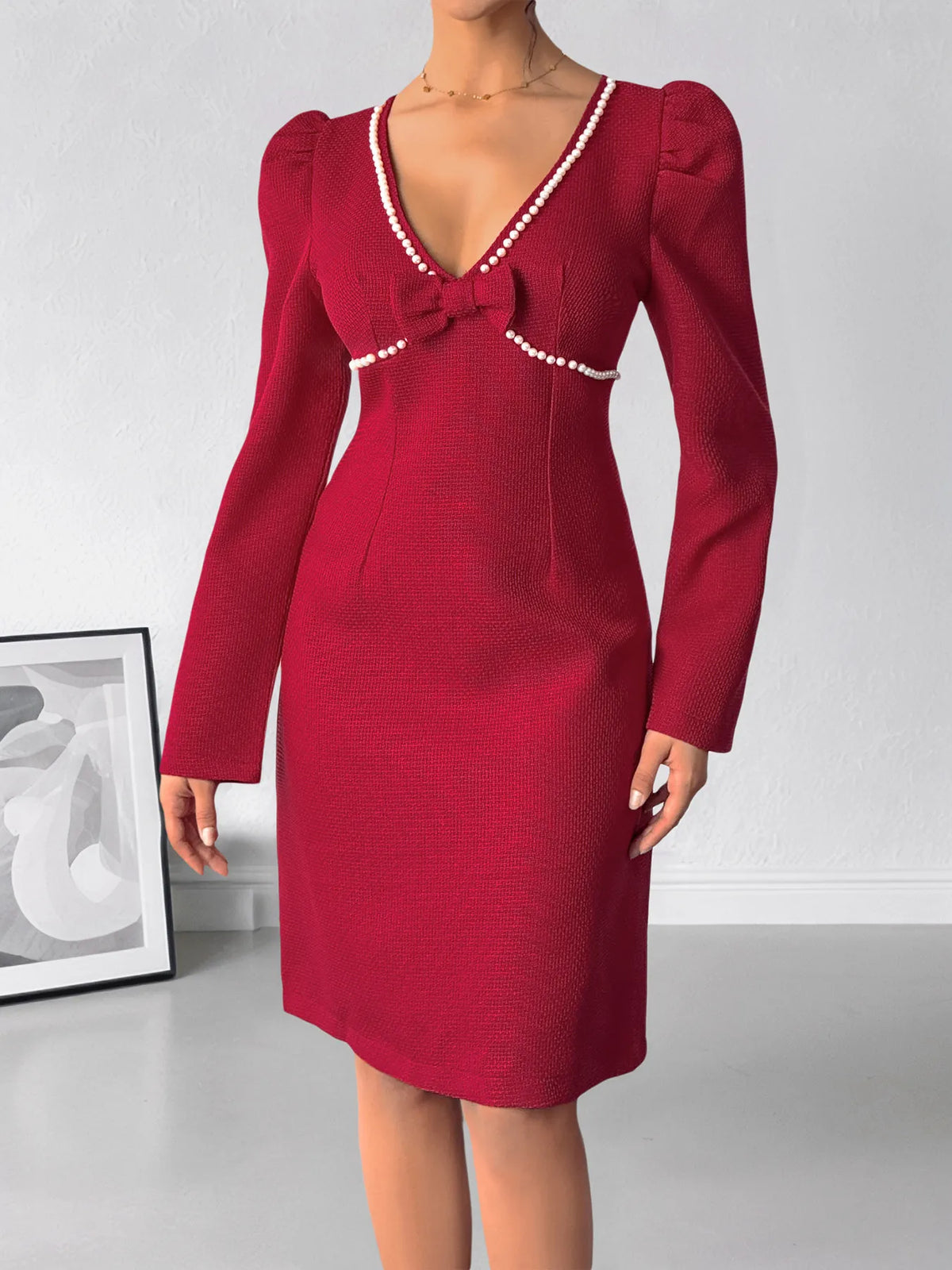 Perfee Pearl-Look Trim V-Neck Long-Sleeve Bodycon Dress